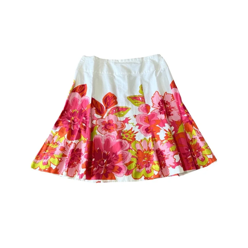 Floral A-Line Skirt Pink Orange Chartreuse White Cotton Blend Sz 14 Knee Length